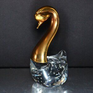 Vintage Brass And Bubble Glass Swan Figure Room Accent Paperweight MCM
